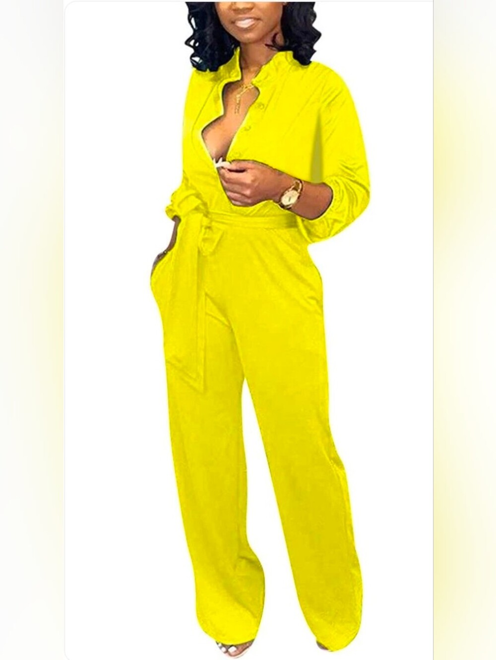 Women's Bright Yellow Tie-Waist Jumpsuit